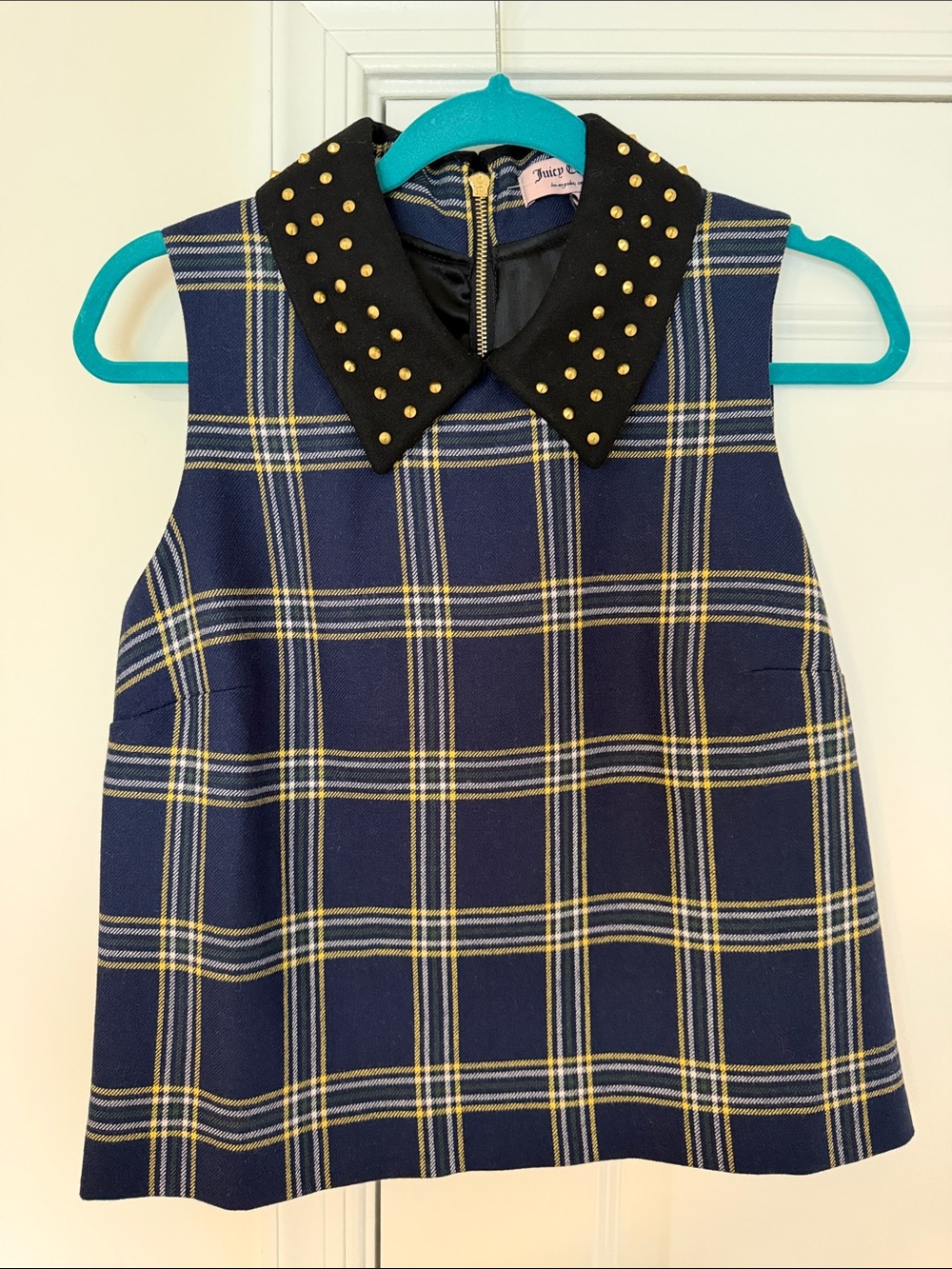 NWOT Juicy Couture Navy Plaid Sleeveless Top with Studded Collar
